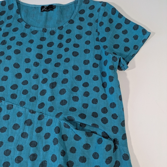 Fenini Short Sleeve Linen Polka Dot Teal Dress Size Medium - Picture 6 of 12